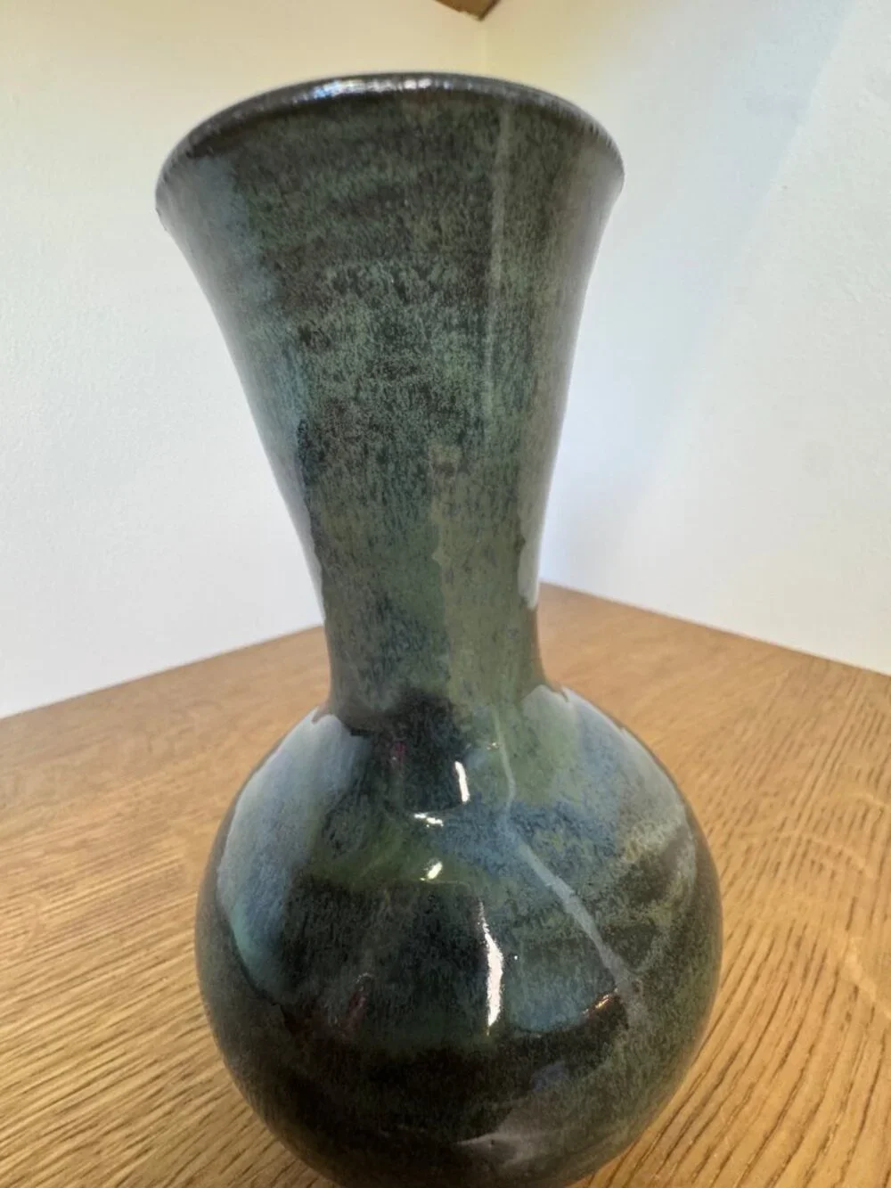 Hand Thrown Studio Pottery Vase Signed 2003 Green Stoneware Bottle Vase 7.25